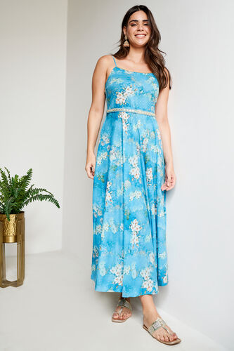 Blue Floral Flared Dress, Blue, image 1